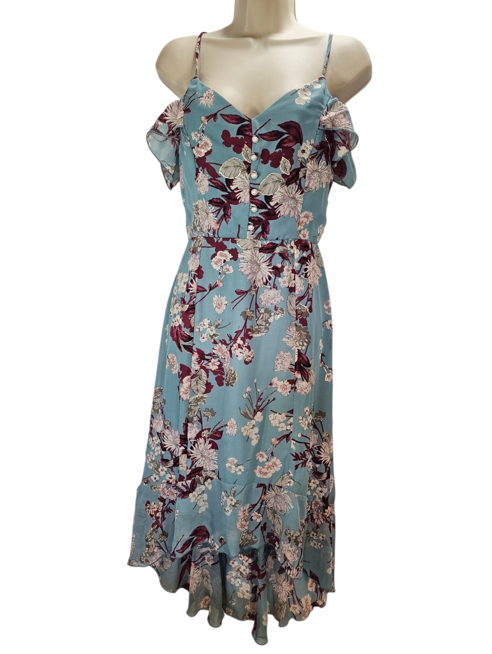 Blue Floral Cold-Shoulder Midi Dress